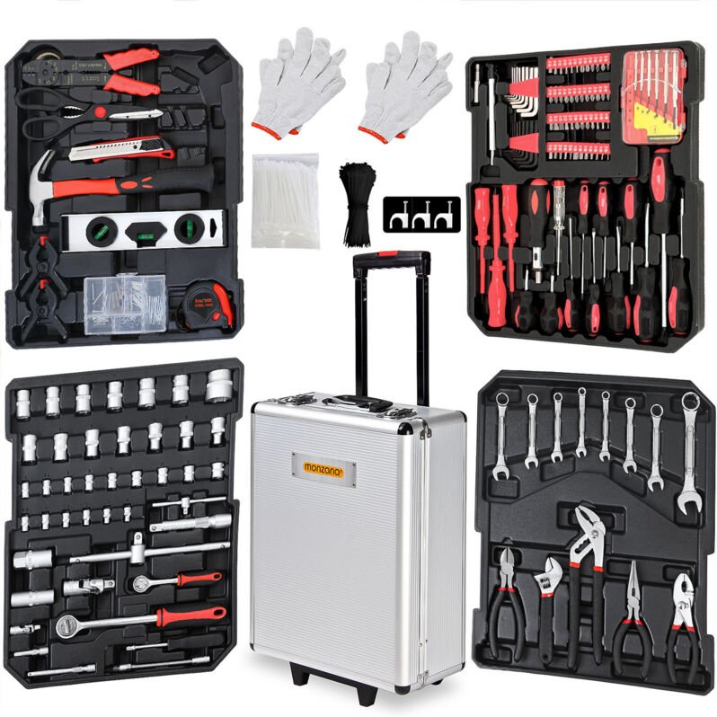 MONZANA® 1050 tlg. Werkzeugtrolley CrV-Stahl Werkzeugkoffer Aluminiumkoffer mit Rollen Teleskopgriff Abschließbar Qualit...