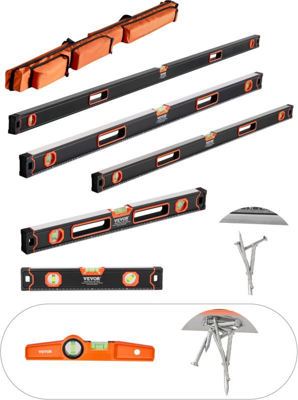 6-teiliges Wasserwaagen-Set, 200/120/80/60/40/25 cm Kastenwasserwaagen-Set, Libellen-Lineal für 45/90/180 Grad, Messwerk...