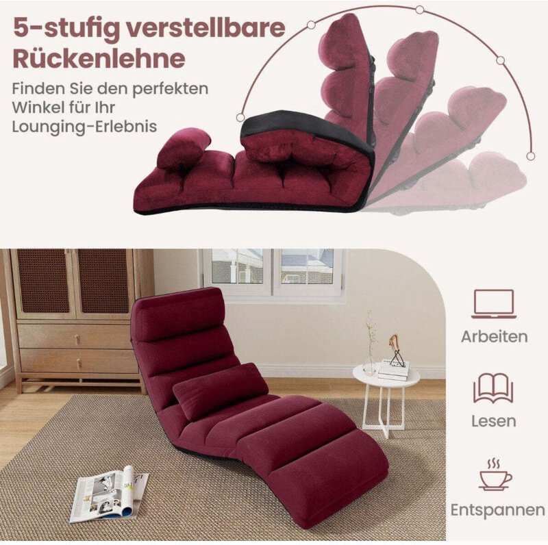 Relaxliege klappbar bodenstuhl mit verstellbarer ruckenlehne rot 175 x 55 x 20 cm