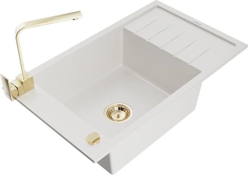 Elias 1 Becken-Granitspüle mit Abtropffläche und Mischbatterie Rita, Weiß - 6511-20-670300-50 - Mexen