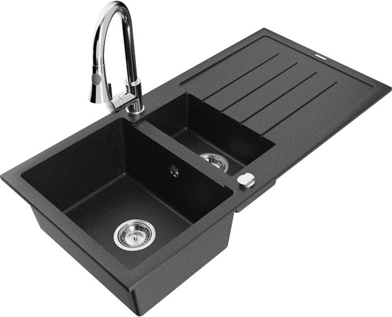 Mexen Andres 1,5-Becken-Granitspüle mit Abtropffläche und Mischbatterie Elia, Schwarz/Silbermetallic