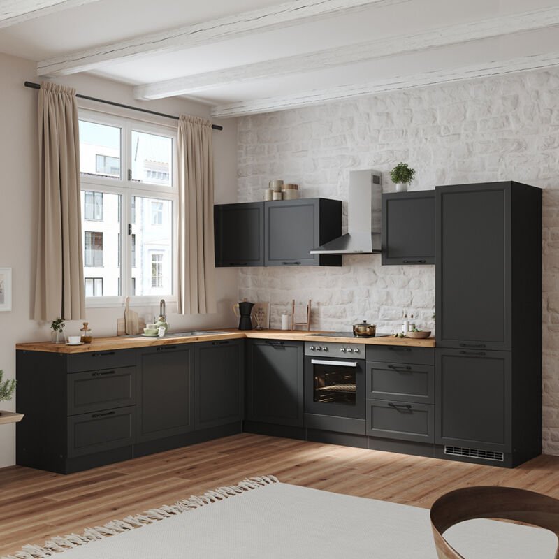 Lomadox - Winkelküche 300/240 cm mit E-Geräten in grau, Arbeitsplatte in Eiche, MONTERREY-03