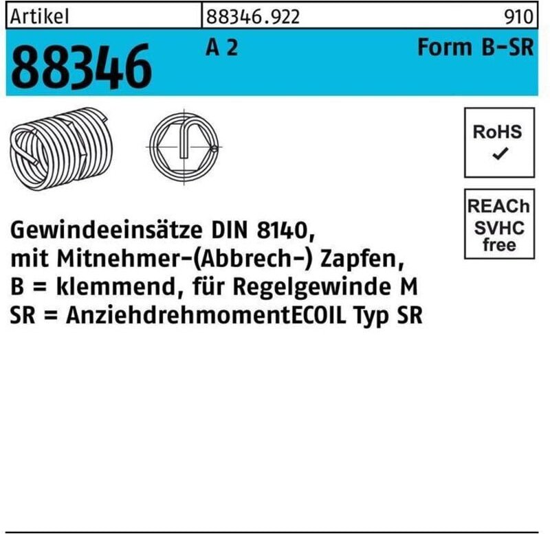 Thumbnail - Gewindeeinsatz r 88346 FormB-SR bm 12x 12 a 2 15 Stück Amecoil 15 Stk