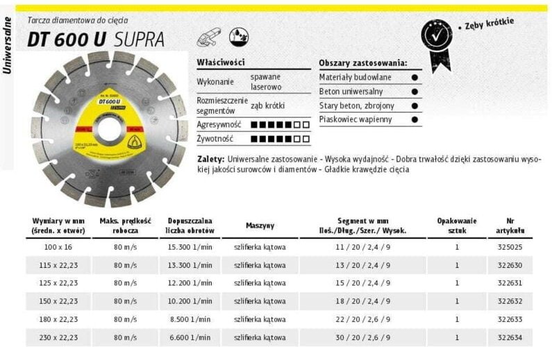 Klingspor - Diamanttrennscheibe dt 600 u Supra D.230mm Bohr.22,23mm 9mm 20mm - 322634