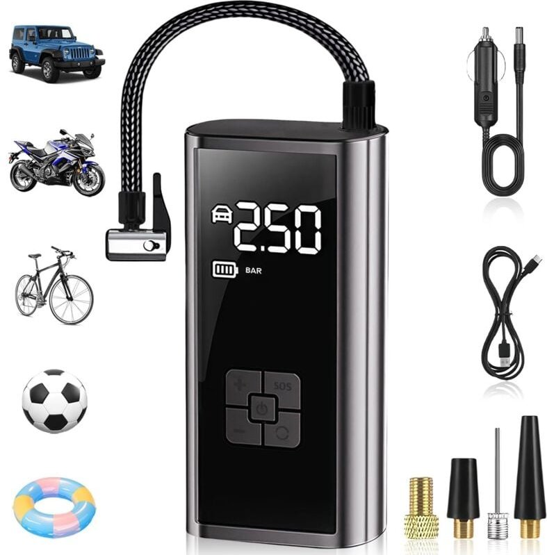 Thumbnail - Lntyq - Tragbarer Luftkompressor, 120 psi kabelloser Autoreifenfüller mit 4 Düsen, elektrische Mini-Luftpumpe mit LED-Li...