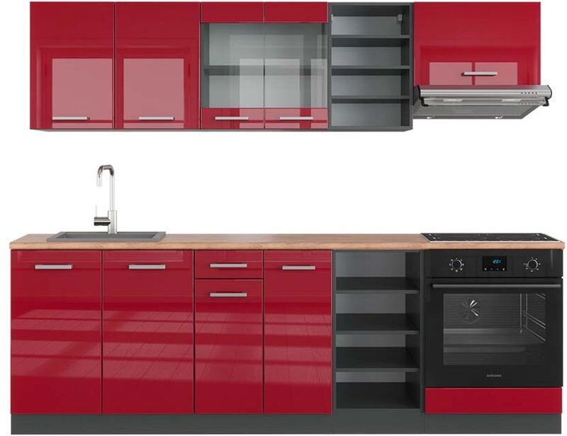 Vicco - Küchenzeile R-Line, Bordeaux Hochglanz/Anthrazit, 240 cm , ap Eiche