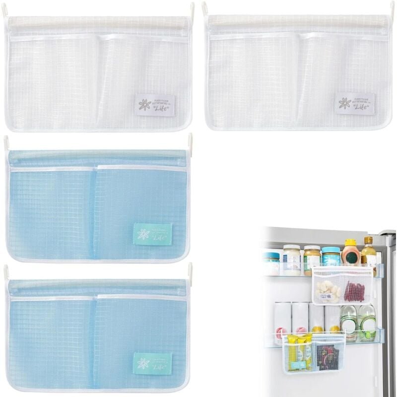 Lot de 4 Sacs de Rangement pour Réfrigérateur, 2 Blancs et 2 Bleus, Sacs à Filet Suspendus avec Plusieurs Poches - Lntyq