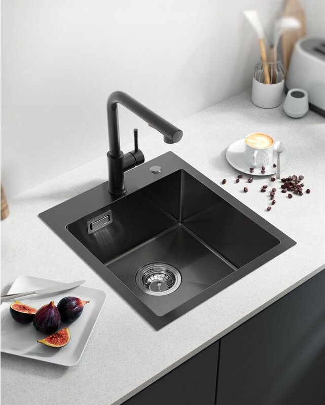 Spülbecken Schwarz 40x45cm, Spüle Schwarz Anthrazit, Küchenspüle Edelstahl für Unterschränke ab 40cm Breite, Waschbecken...