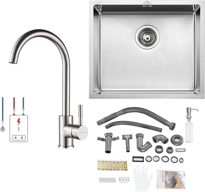 Spülbecken Edelstahl, Spüle Küche 1 becken 50 x 43 cm + Niederdruck Küchenarmatur, für ab 60er Unterschrank