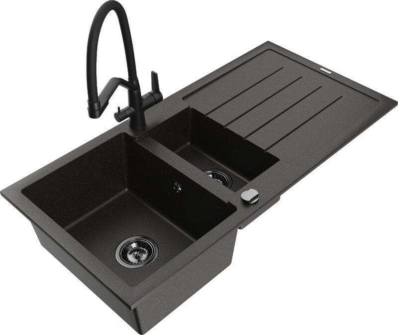 Andres 1,5-Becken-Granitspüle mit Abtropffläche und Mischbatterie Duo, Schwarz/Gold metallisch - Mexen