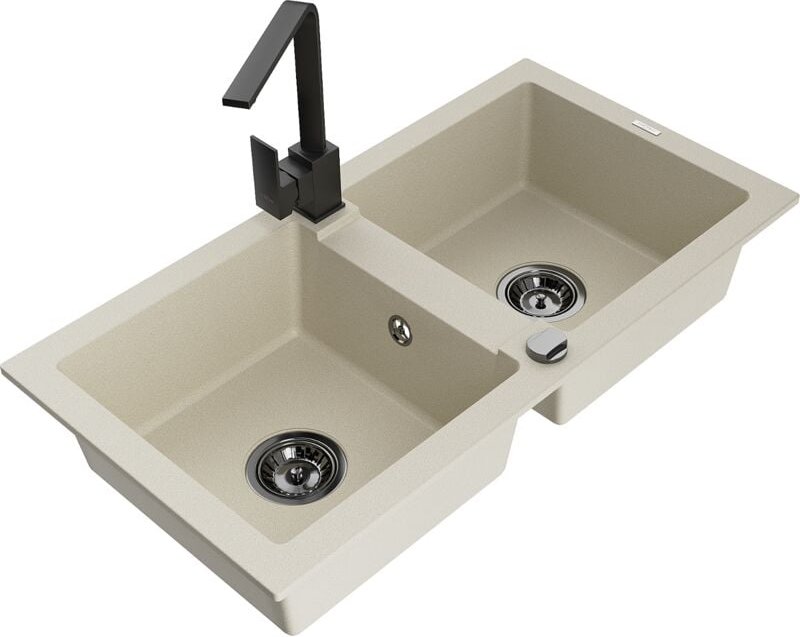 Mexen Mario 2-Becken-Granitspüle mit Mischbatterie Rita, Beige - 6504-69-670300-70