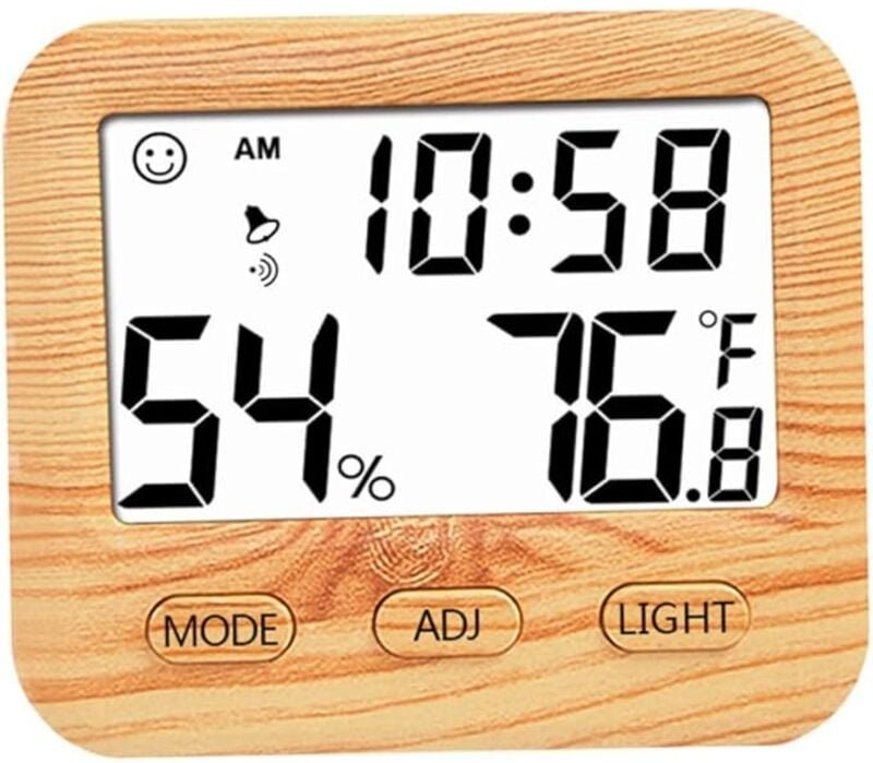 Ahlsen Innenthermometer, digitales Hygrometer, Temperatur- und Luftfeuchtigkeitsmesser aus Holz mit Tischuhren für Schla...