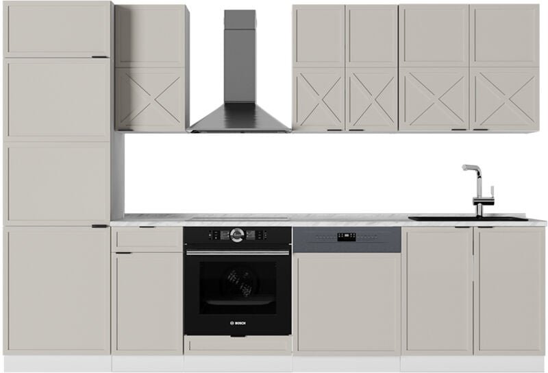 Küchenzeile Fame-Line, GrauBeige/Weiß, 300 cm , AP Marmor, Vicco