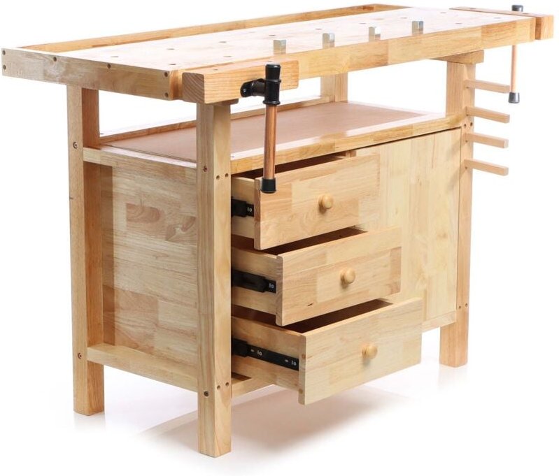 Wiltec - Hobelbank 126 x 50 x 84 cm aus Holz, Werkbank bis 150 kg, Werktisch mit Spannzangen, Schubladen und Gerätefach,...