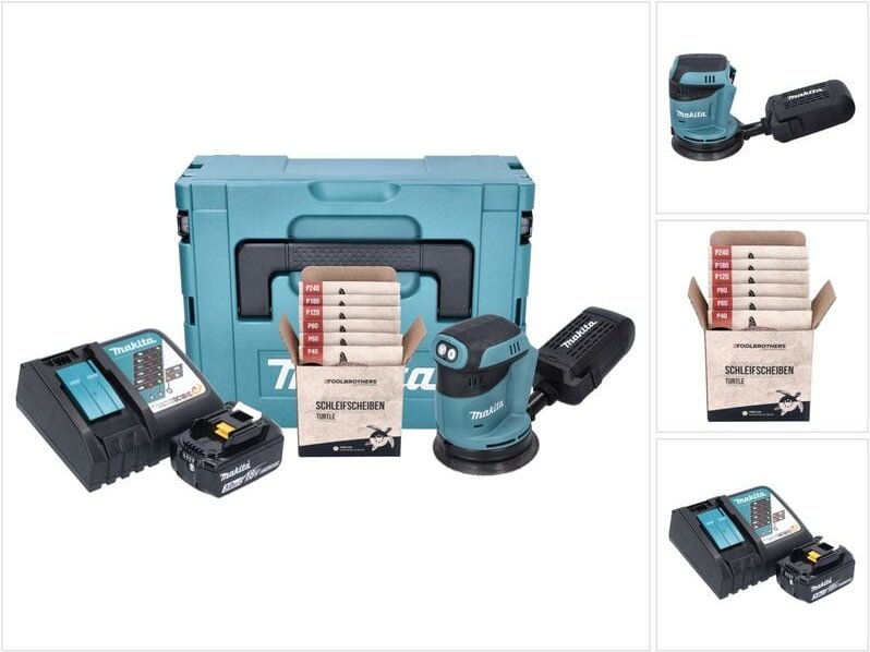 Makita DBO 180 RF1J Akku Exzenterschleifer 18 V 125 mm + 1x Akku 3,0 Ah + Ladegerät + Toolbrothers TURTLE Schleifset + M...