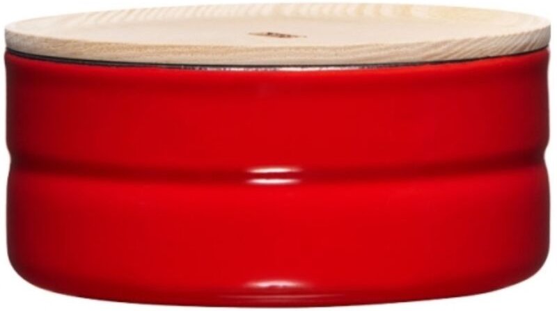 Riess-kelomat - Riess Vorratsdose mit Eschenholzdeckel Ø13cm 0,5L Tomato Emaille