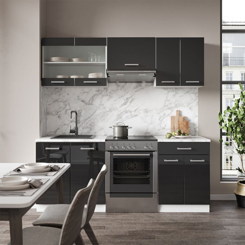 Vicco - Küchenschränke Fame-Line, Anthrazit Hochglanz, 200 cm ohne Arbeitsplatte