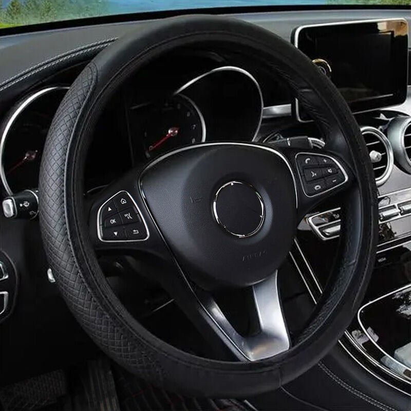 Thumbnail - Schwarz, geeignet für Autoteile (37–38 cm), geprägte Auto-Lenkradabdeckung, verschleißfestes Faserleder, doppelt rund, o...