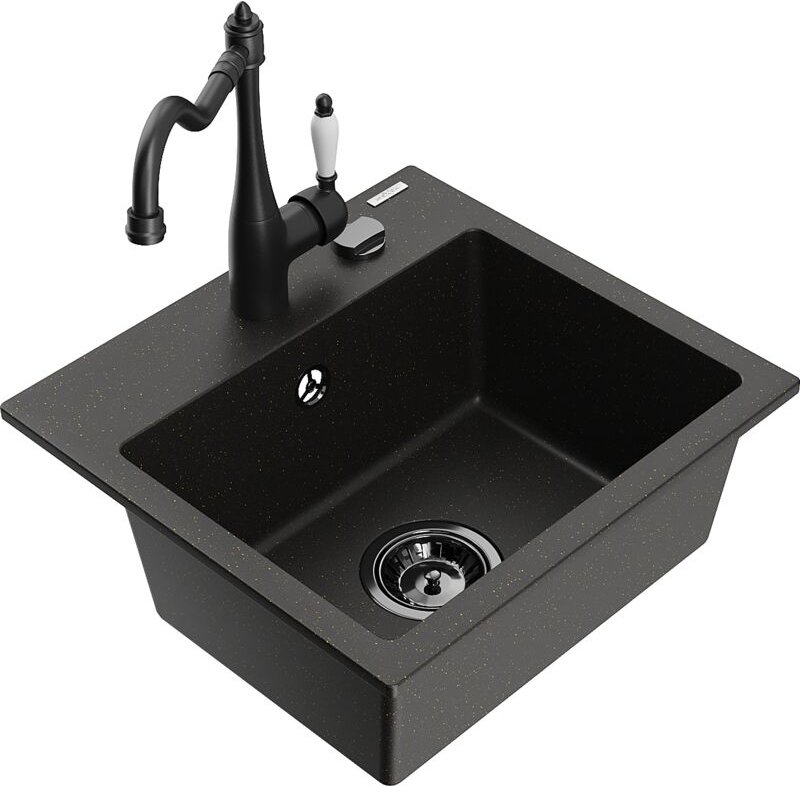 Mexen Milo 1-Becken-Granit-Spüle mit Mischbatterie Carla, Schwarz/Gold metallisch - 6505-75-670700-7