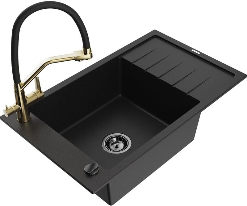 Elias 1 Becken-Granitspüle mit Abtropffläche und Mischbatterie Duo, Schwarz - 6511-77-671701-5 - Mexen