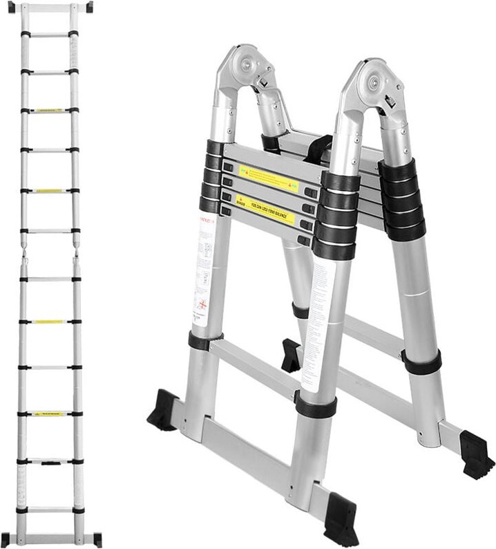 Teleskopleiter 3.8M(1.9+1.9M) Aluminium Mehrzweckleiter Fingerklemmschutz Auszeihleiter Klappbar Aluminiumleiter Antirut...