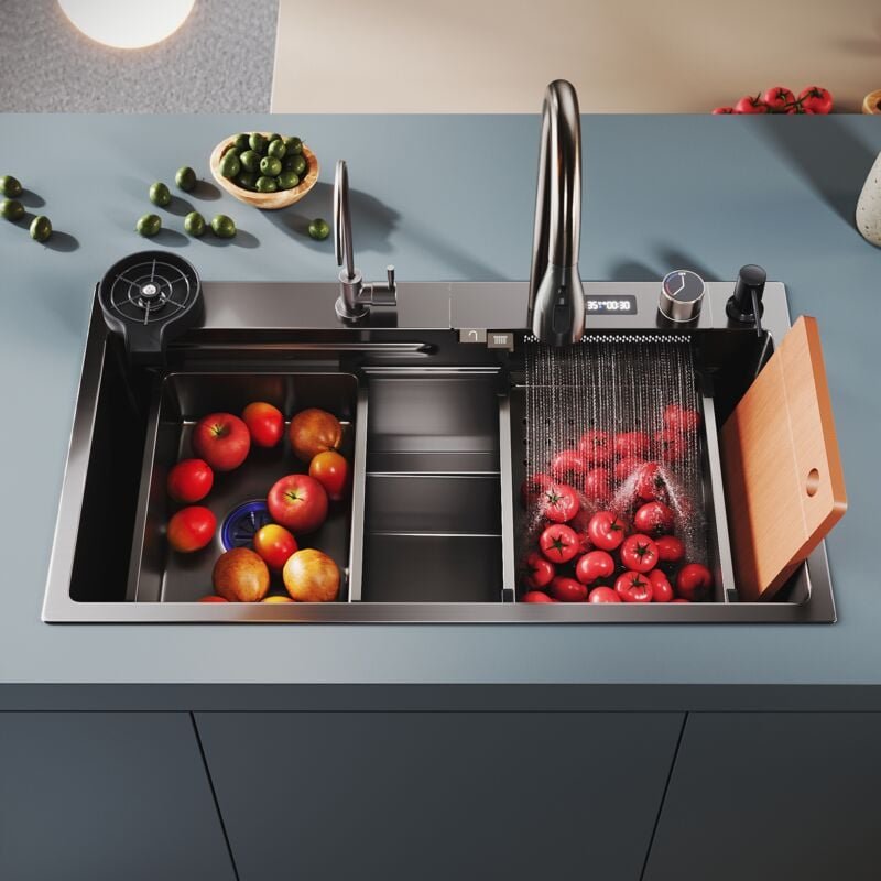 SONNI Spülen mit 1 Becken Edelstahlspüle Küchenspüle, Einbeckenspüle mit digitaler Temperaturanzeige, mit Siebkorb, Seif...