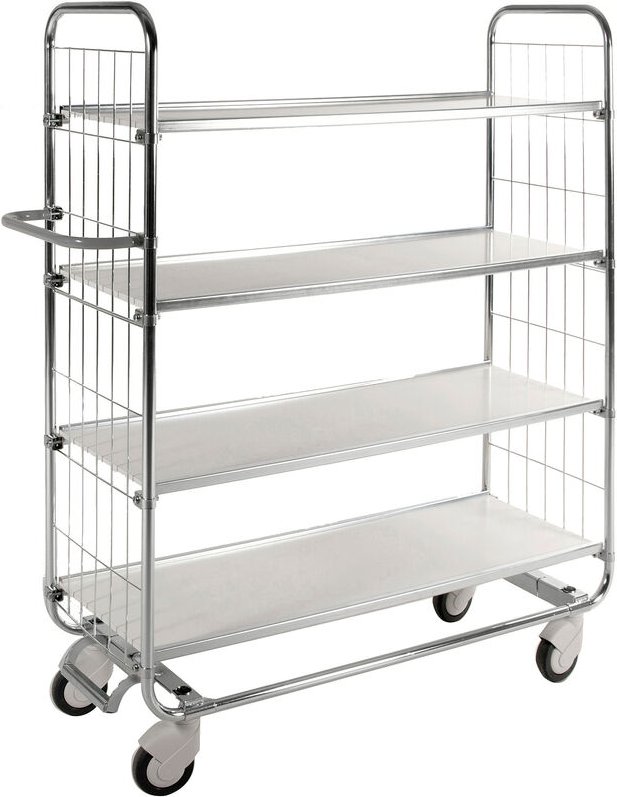 Kongamek Bordwagen verzinkt mit 4 laminierten Böden 1395x470mm und vergitterten Stirnwänden und Bremse