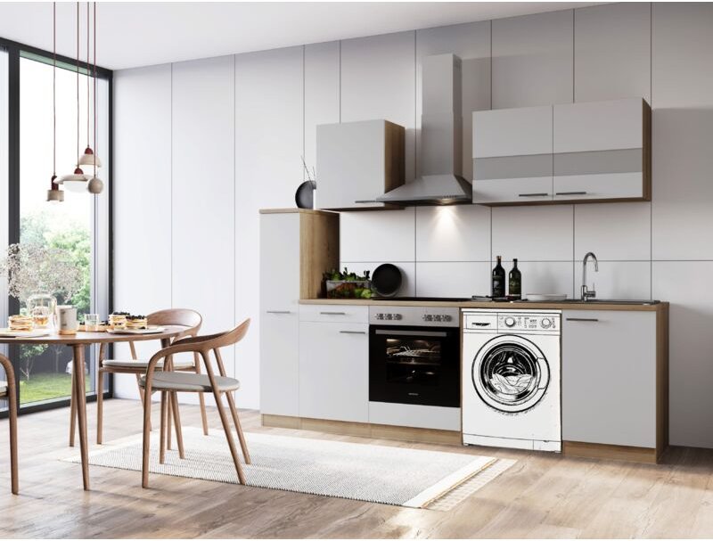 Thumbnail - Küche Küchenzeile für Unterbau Waschmaschine Eiche Weiß Merle 250 cm Respekta