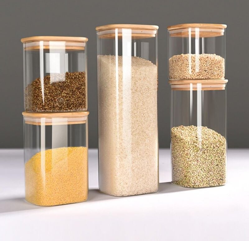 5er-Set Vorratsdosen Glas, Aufbewahrung Luftdicht Vorratsgläser mit Deckl Eckig, Grosse zur Küche Glasbehälter Gewürzglä...