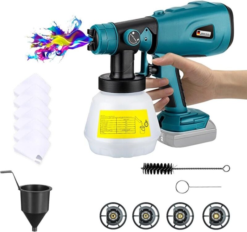 Farbspritzpistole, Akku-Sprühsystem kompatibel mit Makita 18V mit Reinigungs- und Blasanschlüssen, 4 Kupferdüsen und 3 M...