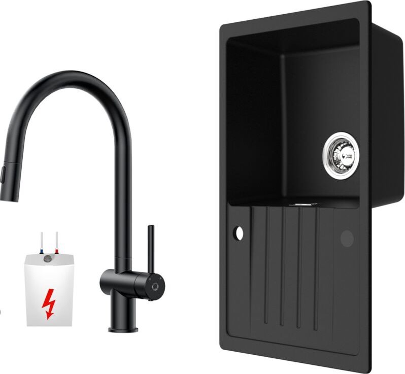 Küchenspüle 78x45cm Granitspüle Anthrazitschwarz Mit Abtropffläche + Ausziehbarer Niederdruck-Küchenarmatur Schwarz Hohe...