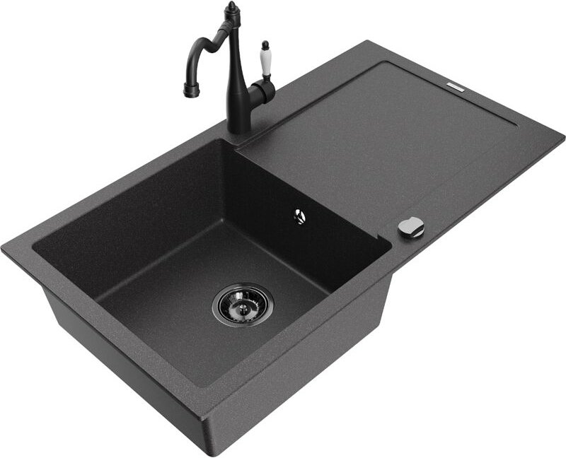 Leo 1 Becken-Granitspüle mit Abtropffläche und Mischbatterie Carla, Schwarz gesprenkelt - 6501 - Mexen