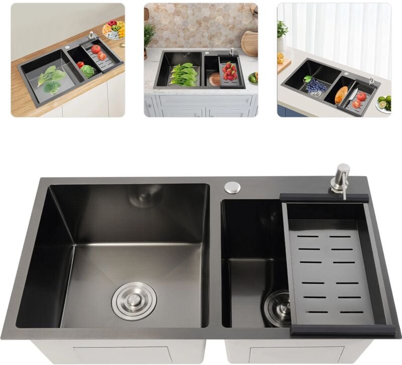Edelstahl 304 Unterbauspüle Doppelspüle Küchenarmatur Unterbauspüle Rechteckige Spüle 78 x 43 x 22 cm Schwarzes Set