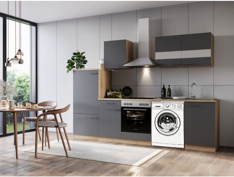 Thumbnail - Küche Küchenzeile für Unterbau Waschmaschine Eiche Grau Merle 280 cm Respekta
