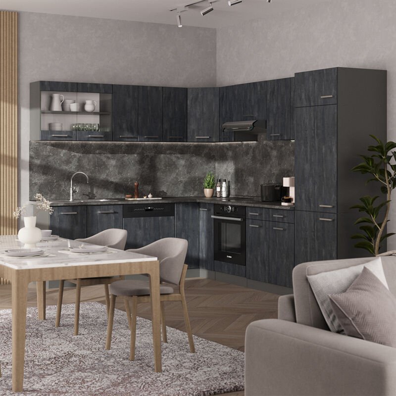 Vicco - Einbauküche in L-Form R-Line, Schwarz Beton/Anthrazit, 227 x 287 cm ap Marmor