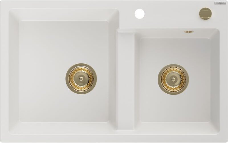 Thumbnail - Tomas 2-Becken-Granit-Spülbecken 800 x 500 mm, Weiß, Siphon Gold - 6516802000-20-G - Mexen