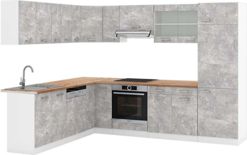 Eckküche R-Line, Beton/Weiß, 227 x 287 cm , AP Eiche, Vicco
