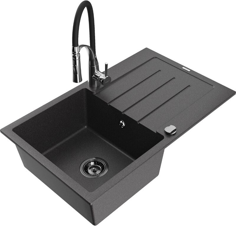 Bruno 1 Becken-Granitspüle mit Abtropffl√§che und Mischbatterie Aster, Schwarz gesprenkelt - 6513-76-73450-07-B - Mexen