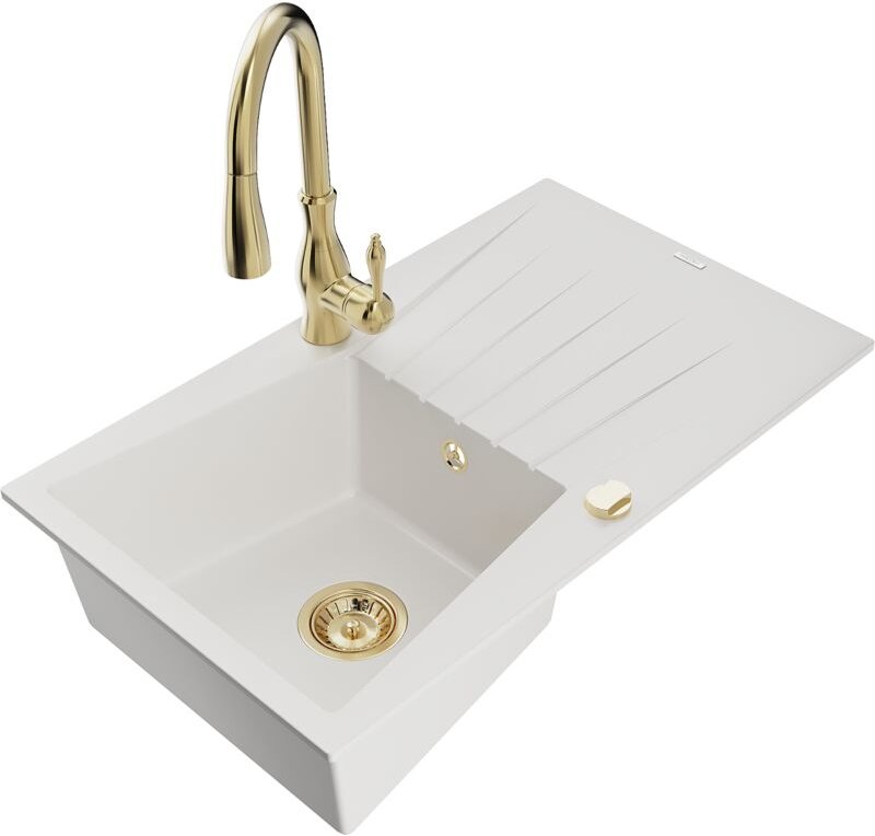 Cesar 1 Becken-Granitspüle mit Abtropffläche und Mischbatterie Savita, Weiß - 6514-20-672601-5 - Mexen