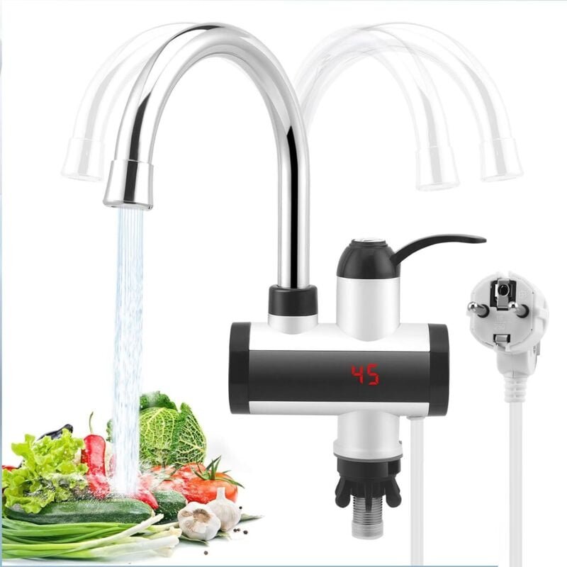 Thumbnail - Elektrischer Wasserhahn mit Durchlauferhitzer, 3300 W Wasserhahn, flexibler Auslauf und LCD-Temperaturanzeige, 360° schw...