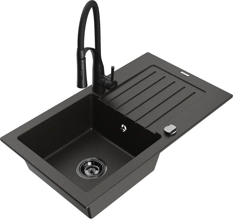 Mexen Pablo 1 Becken-Granitspüle mit Abtropffläche und Mischbatterie Aster, Schwarz/Gold metallisch - 6510-75-73450-70-B