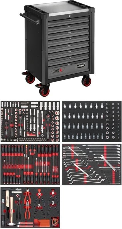 VIGOR Werkstattwagen Series L, mit Sortiment, 344-tlg., Anzahl Werkzeuge: 344, Art.Nr. V4560-X