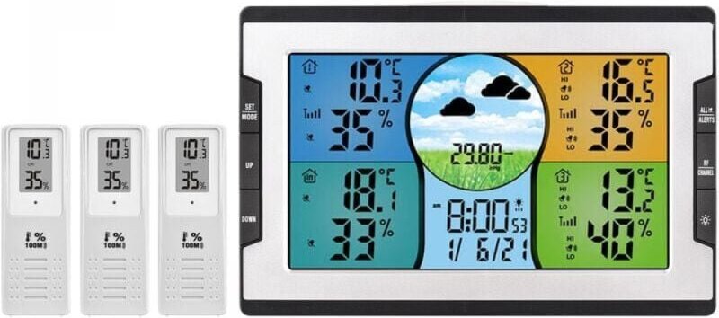 Digitale Wetterstation mit 3 Fernsensoren, 100 m Innen- und Außentemperatur- und Luftfeuchtigkeitsüberwachung, Wecker mi...