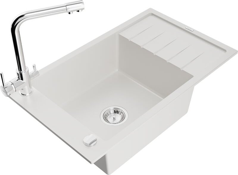 Elias 1 Becken-Granitspüle mit Abtropffl√§che und Mischbatterie Duero, Wei√ü - 6511-20-671600-00 - Mexen