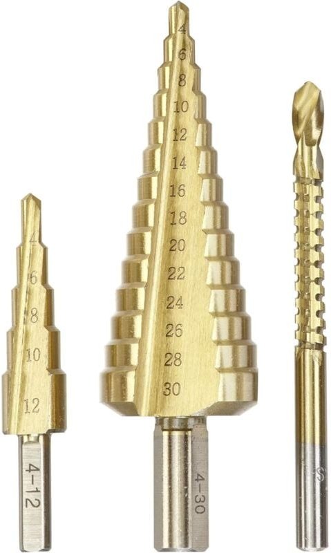 Stufenbohrer, 3-teiliges Set mit Fräs-Bohrer, 1 x 4- 12 mm, 1x 4 - 30 mm, 1x 6mm ,Oberfläche Titan-nitriert - KWB