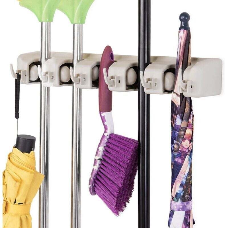Wandbesenhalter mit 5 Schlitzen und 6 Haken/Wandbesenhalter für Badezimmer, Küche oder Garage – Weiß
