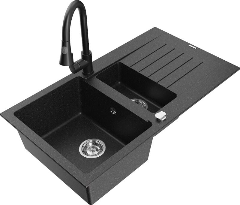 Matias 1,5-Becken-Granitspüle mit Abtropffl√§che und Mischbatterie Elia, Schwarz/Silbermetallic - 6502-73-670101-70 - Me...