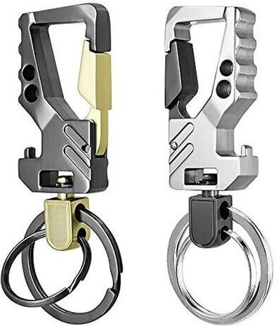 SNQ - 2er-Pack Autoschlüsselanhänger mit Flaschenöffner – 2 Metallringe – (Gunmetal/Gold + Silber/Gunmetal)