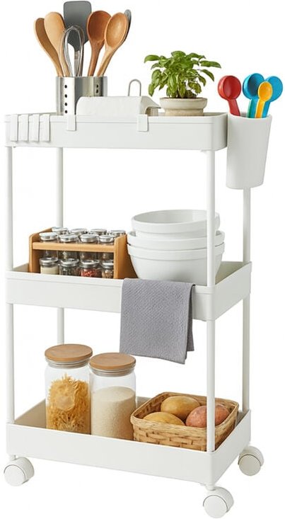 Relaxdays Rollwagen, 3 Etagen, Servierwagen, Küchenwagen Bad & Büro, Rollregal, HBT: 62,5x40x22 cm, Bastelwagen, weiß