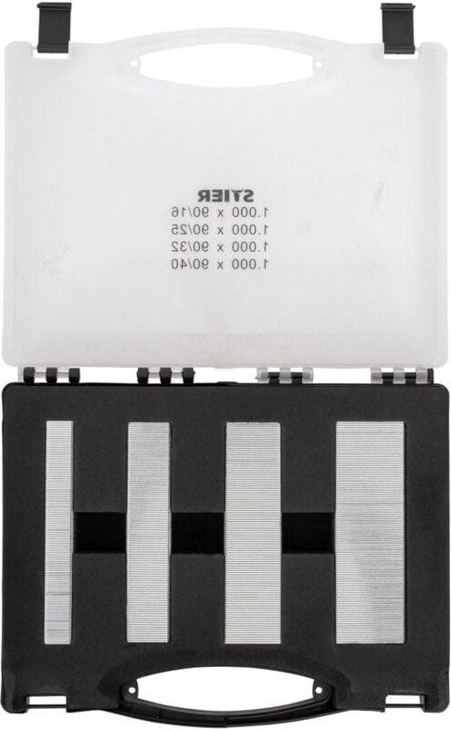 Heftklammern Typ 90, im praktischen Handwerkerkoffer, 16, 25, 32, 40 mm, 4 x 1.000 Stk., Breite 5,7mm - Stier